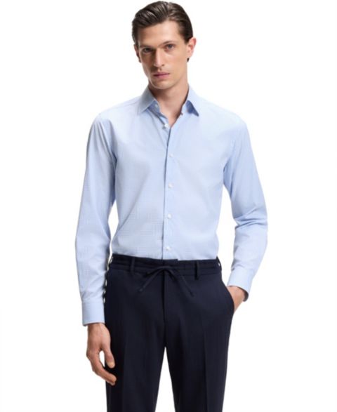 Мужская рубашка Hugo Boss Checked Performance-Stretch Slim-Fit Dress Shirt, цвет: Синий