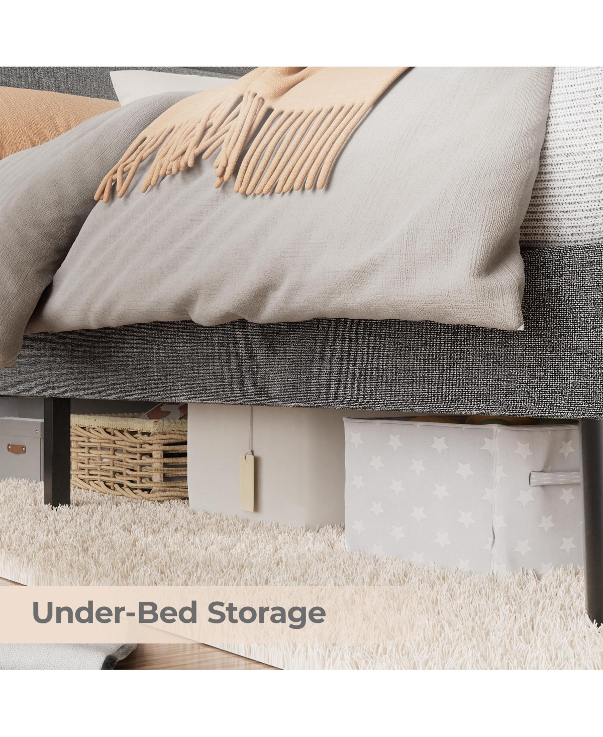 Homfan Modern Upholstered Platform Bed Frame with Led Headboard and Charging Station - Wooden Slat Support, Noise-Free
