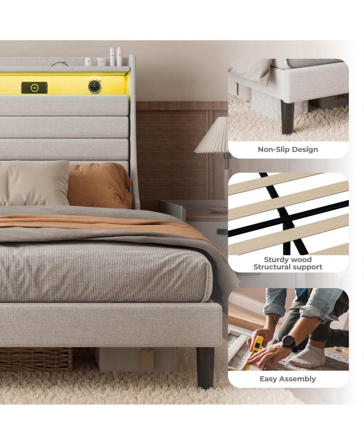 Homfan Modern Upholstered Platform Bed Frame with Led Headboard and Charging Station - Wooden Slat Support, Noise-Free