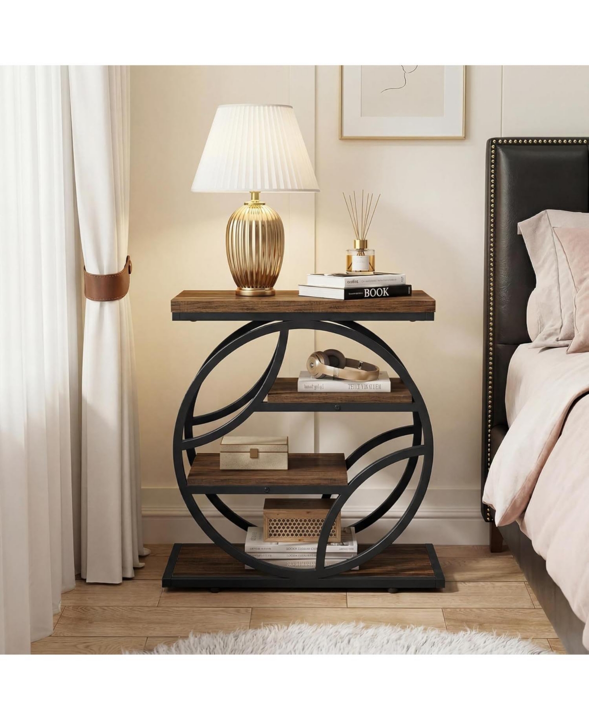 Tribesigns Side Table with 4-Tier Storage Shelf, 25-Inch Living Room Narrow End Table, Small Industrial Nightstand with Geometric Metal Frame