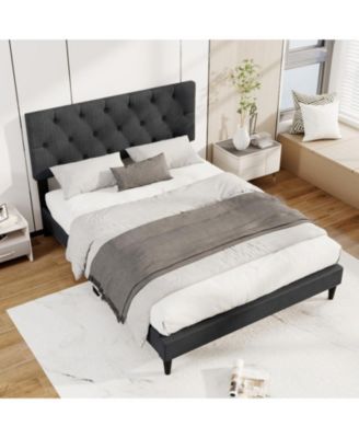 Full Linen Upholstered Platform Bed Frame with Tufted Headboard