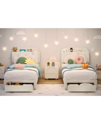 Soft Upholstered Twin Bed Frame for Kids - Storage Drawer and Bookcase Headboard - Noise-Free, Easy Assembly, No Box Spring Needed