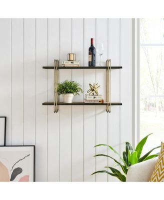 Two-Tier Gold and Washed Oak Bracket Wall Shelf