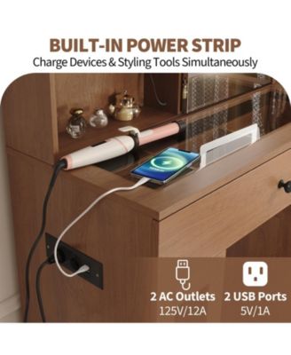 Large Vanity Desk with Sliding Mirror and 3-Color LED Lights, Makeup Dressing Table with Storage Drawers, Shelves, Cabinets, USB Outlets