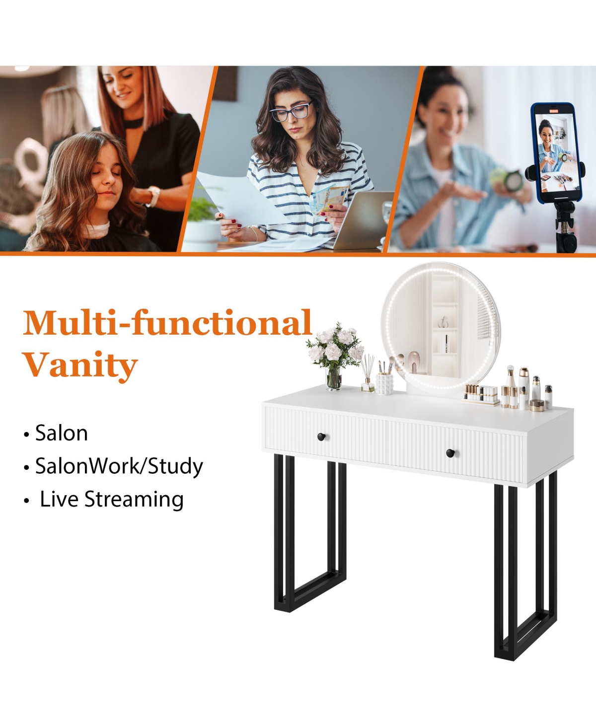 Homfan Modern Makeup Vanity Desk with Mirror and Led Lights - 3 Lighting Modes, Adjustable Brightness, 2 Storage Drawers, Sturdy Bedroom Furniture