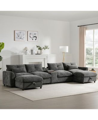 136" Modular Sectional Sofa with Console, Cup Holder & USB Charger, Ottoman