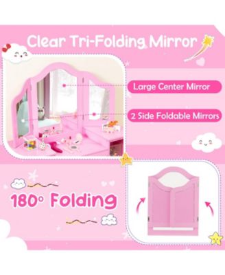 Kids Vanity Set with Tri-Folding Acrylic Mirror, 4 Storage Cubbies and High-Back Chair