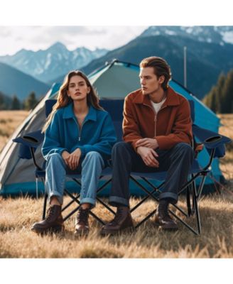 Double Camping Chair Two Person Folding Loveseat with Cup Holders