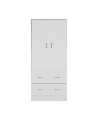 Edie Armoire White Bedroom Storage Organizer with Clothing Rod Upper Shelf and Lower Drawer