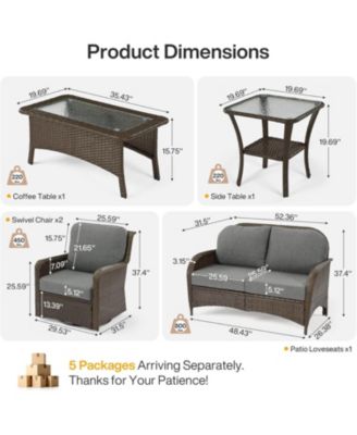 5-Piece Outdoor Wicker Patio Furniture Set with 2 Swivel Chairs, 1 Loveseat and 2 Tables, Rattan Conversation Set with Cushions