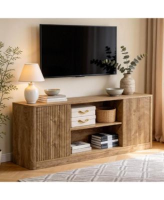TV Stand, Farmhouse Entertainment Center for TVs, Fluted Media Console with Open Storage and Side Cabinets