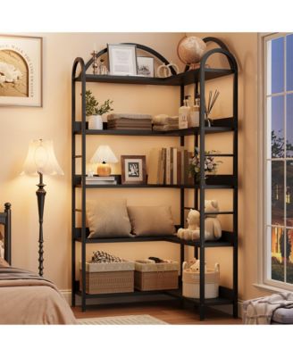 5-Tier l-Shaped Corner Bookshelf, Modern Industrial Bookcase with Arched Metal Frame, Open Wood-Metal Storage Shelves