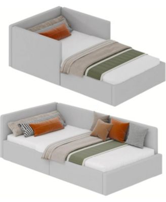 Twin daybed with headboard, Corner Bed Frame with Bed Rails, Velvet Upholstered Sofa Bed with Guardrail for Bedroom, Guest Room