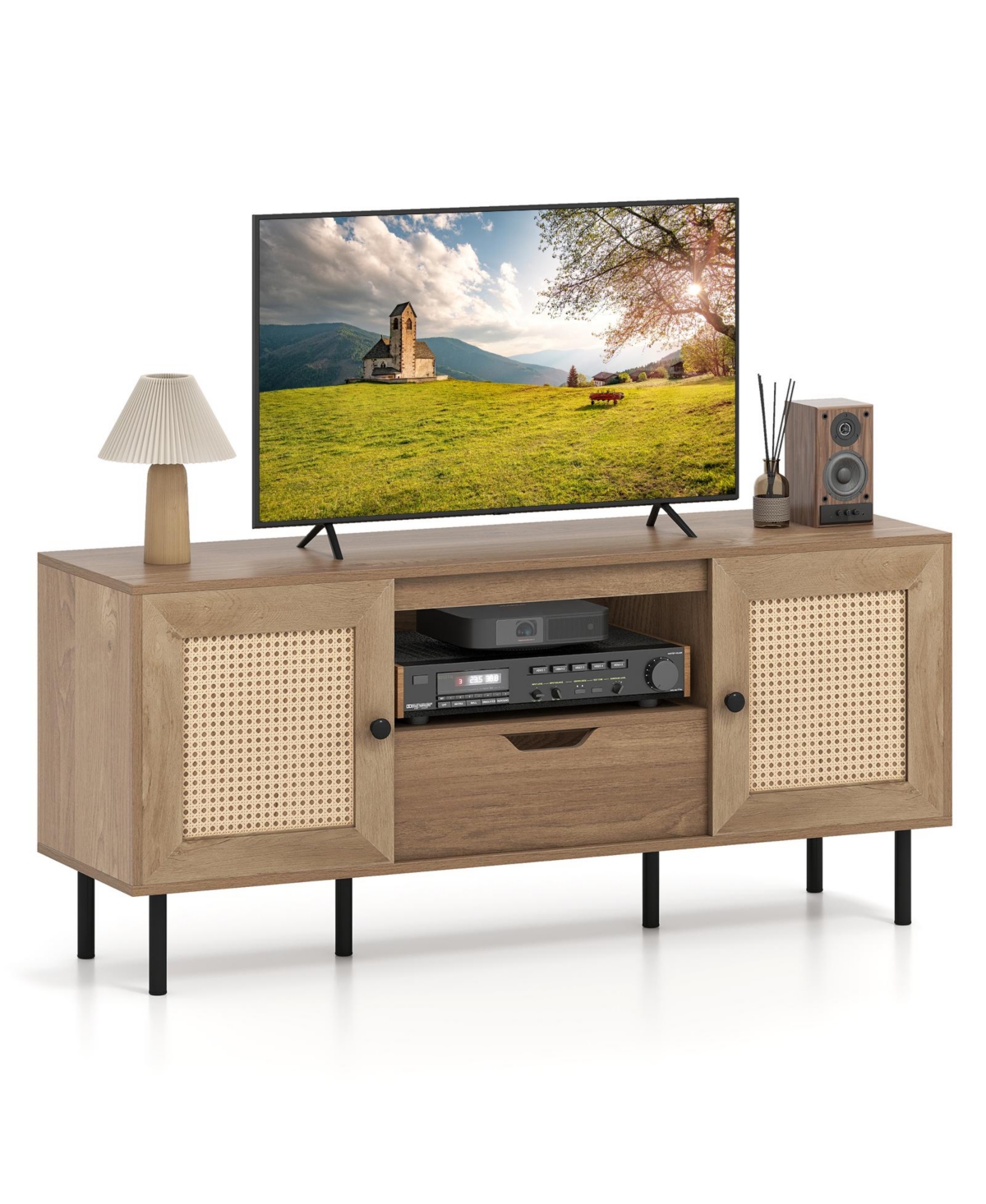 Gouun Boho 52-Inch Pe Rattan Tv Stand with Cabinets and Drawer