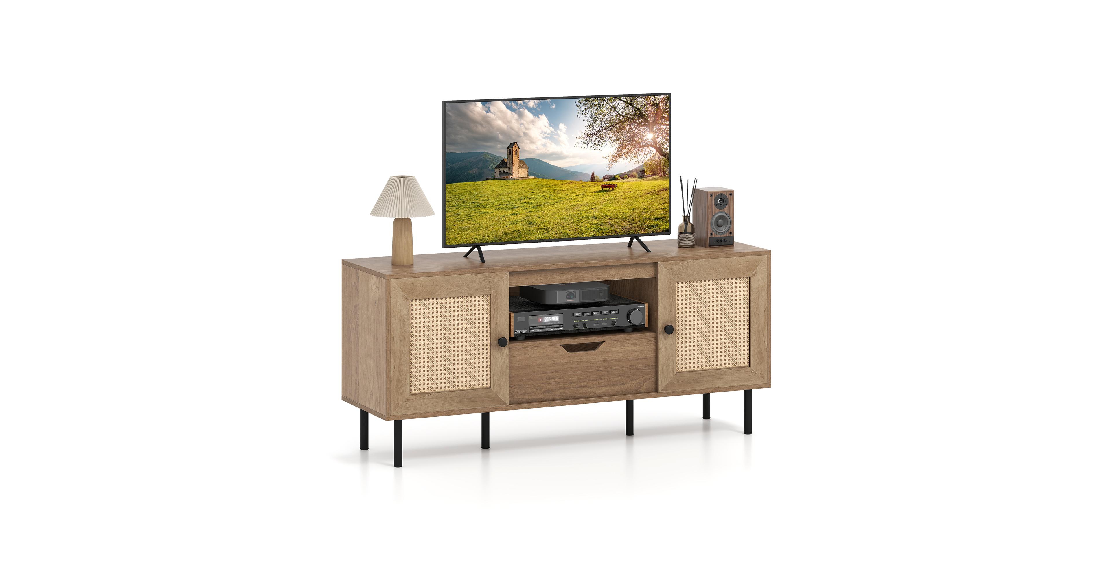 Gouun Boho 52-Inch Pe Rattan Tv Stand with Cabinets and Drawer