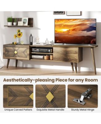 75 in Mid-Century TV Stand with Floating Shelves and Flip Cabinets