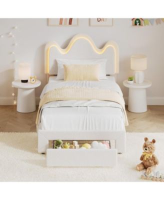 Bed Frame Lamb Velvet Cute Platform Wooden Slats LED Light Noise Free No Box Spring