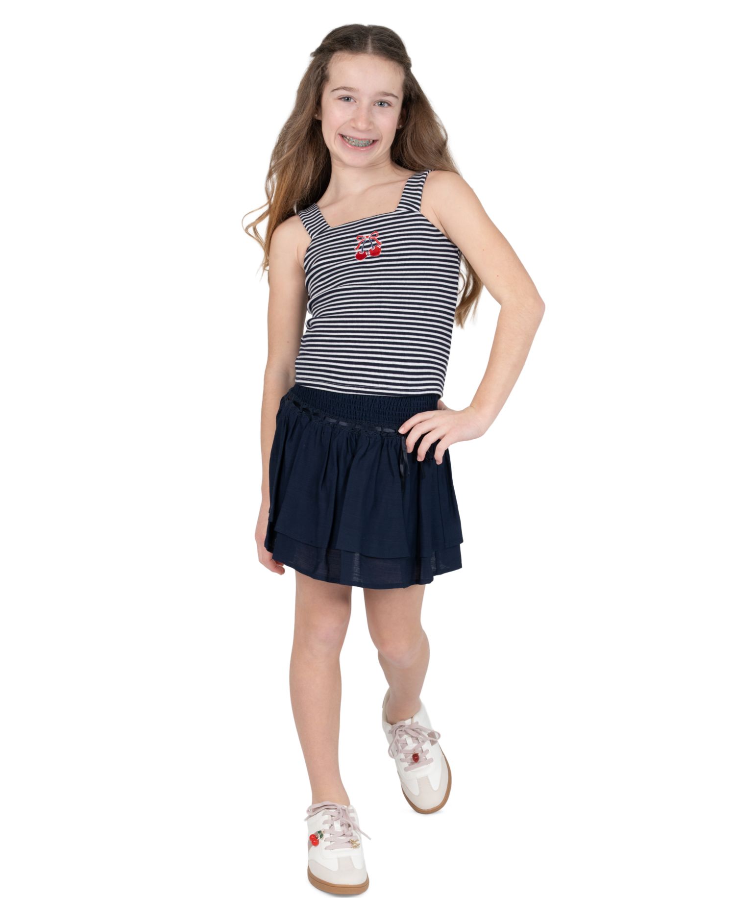 Girls' 7-16 Embroidered Graphic Striped Tank, Woven Skort and Ribbon, 3-Piece Set