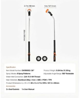 Watering Wand, 36-Inch, 8 Spray Patterns, Heavy Duty Garden Hose Nozzle