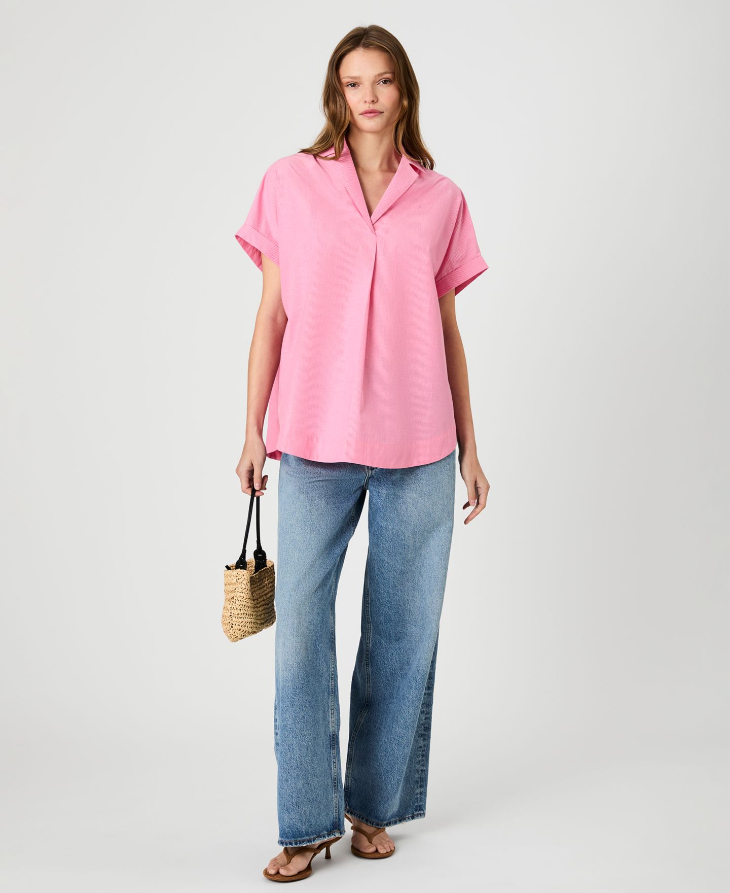 Женская рубашка French Connection Rhodes Poplin Ticking Striped Popover V-Neck, цвет: Розовый — фото 3