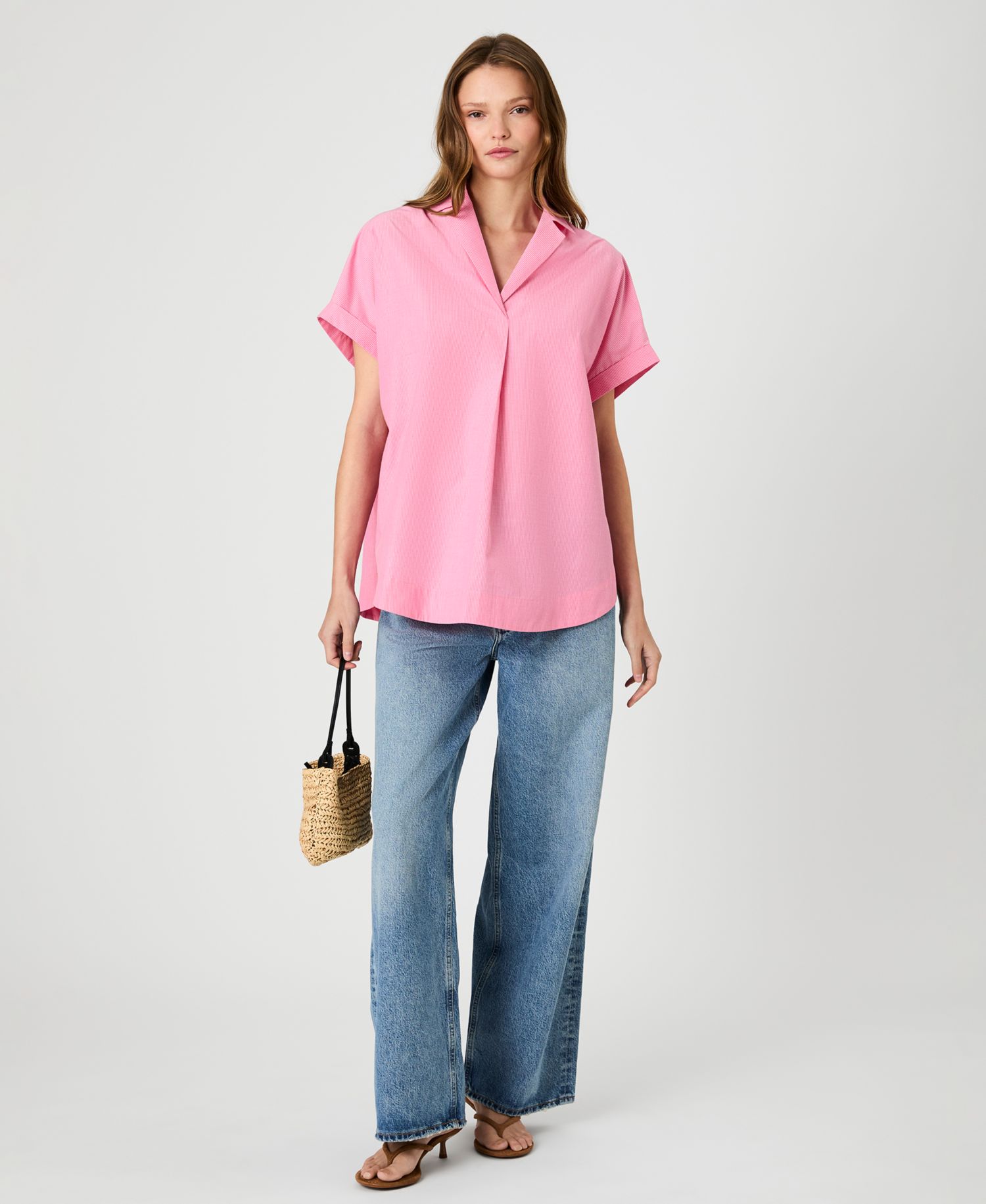 Women's Rhodes Poplin Ticking Striped Popover V-Neck Shirt