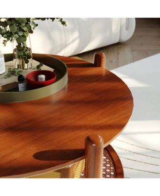Round Coffee Table, 2-Tier Rustic Wood Center Table with Boho Woven Rattan Storage Shelf for Living Room