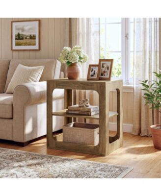 End Table with Storage Shelves, 3-Tier Side Table with Sturdy Base, Farmhouse Wooden Bedside Nightstand