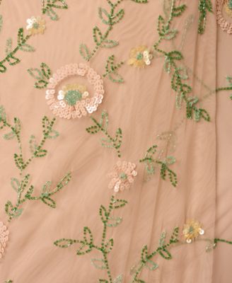 Women's Bead Flutter-Sleeve Midi Mesh Dress