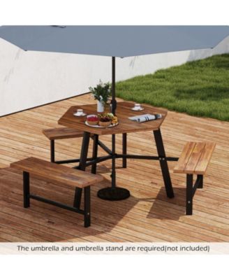 6-Person Acacia Wood Picnic Table and 3-Bench Set with Umbrella Hole
