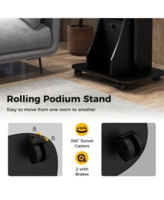 Mobile Standing Desk Cart with Adjustable Tilt Desktop, Cabinet and Open Shelves