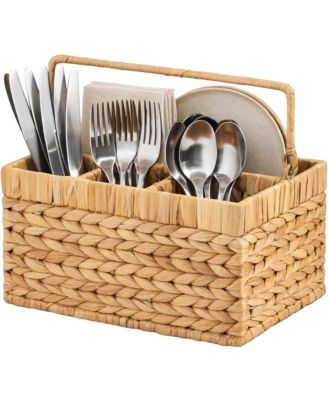 Utensil Caddy Handle - 4 Compartments, Woven Wicker Utensil Silverware Flatware Organizer