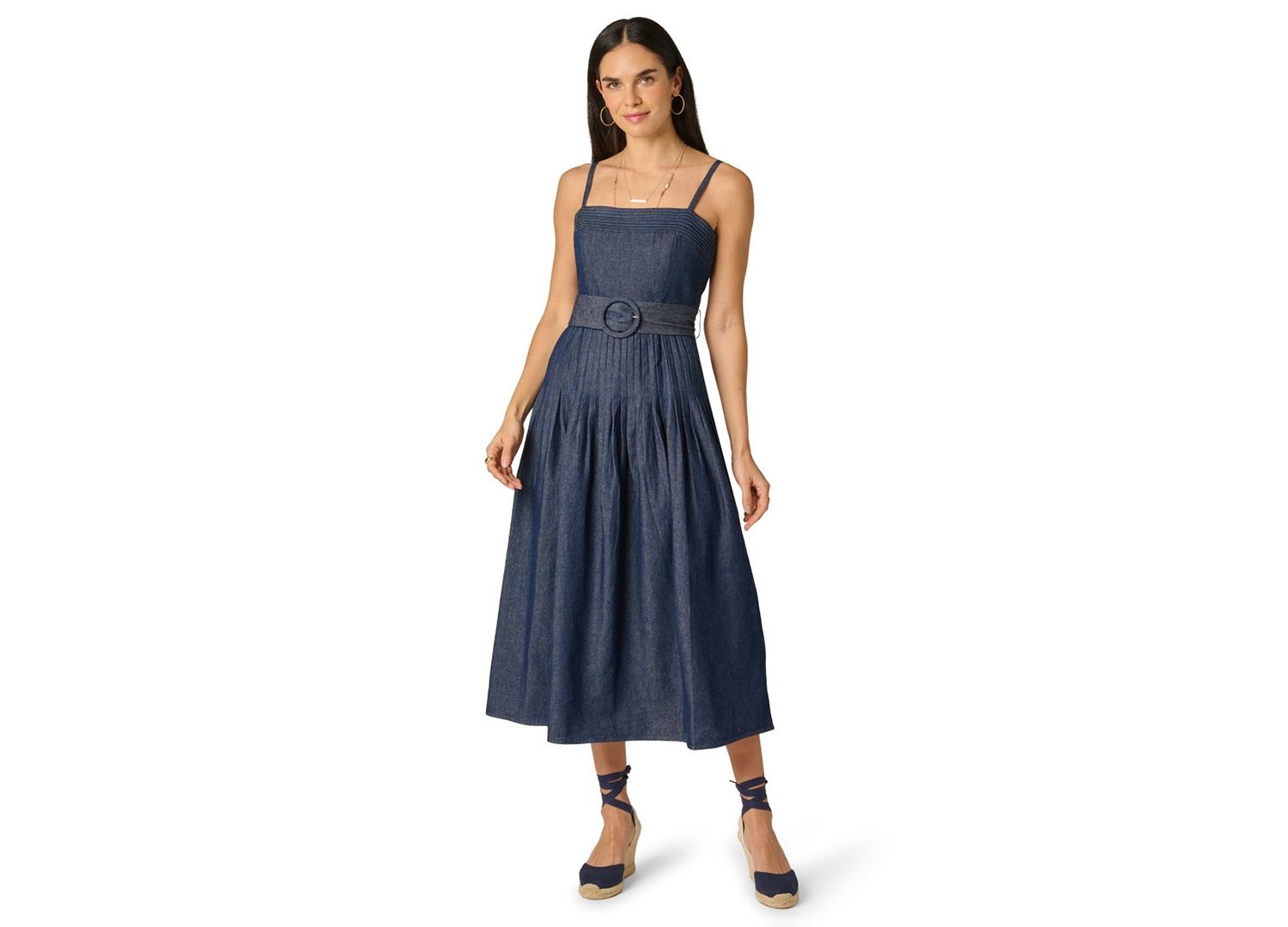 Women's Pintucked Square Neck Cotton Denim Midi Dress