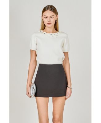 Women's Floral Detail Short Sleeve Sweater