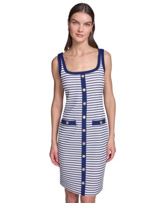 karl lagerfeld knit dress KARL LAGERFELD PARIS Women's Multi Boucle Knit Tweed A-Line Dress with Bow  and Embellished Pearl Buttons