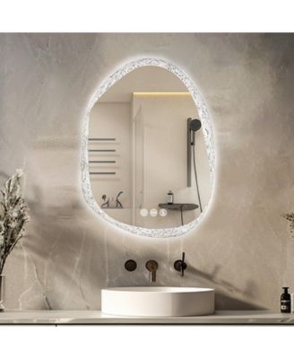 28"x20" Irregular Stone Pattern Frosted LED Bathroom Vanity Mirror for Wall with Backlit Anti Fog, 3 Colors and Dimmable Light