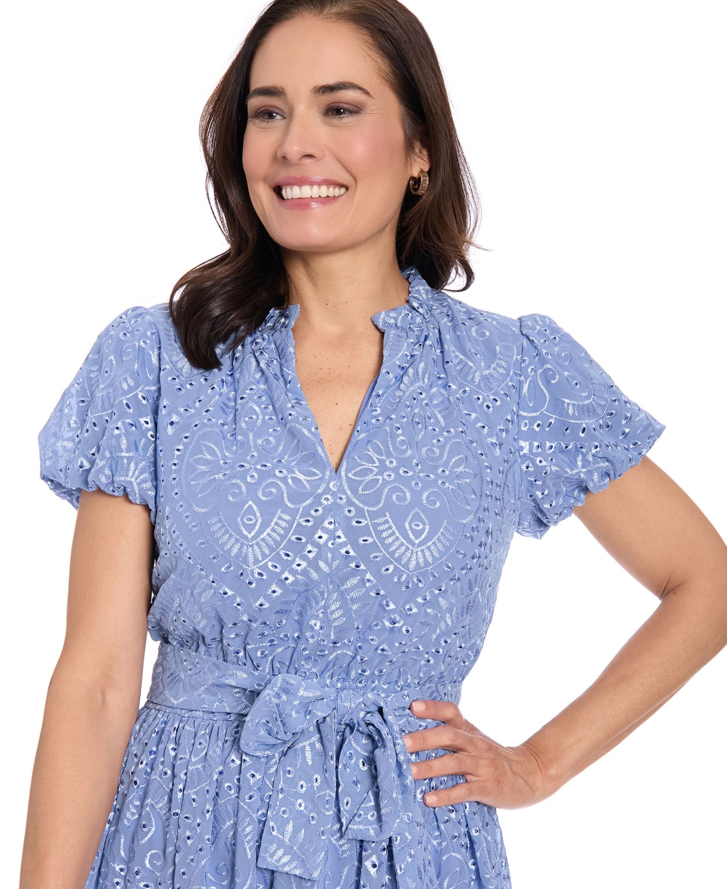Petite Ruffle Neck Bubble-Sleeve Elastic Waistband Midi Dress