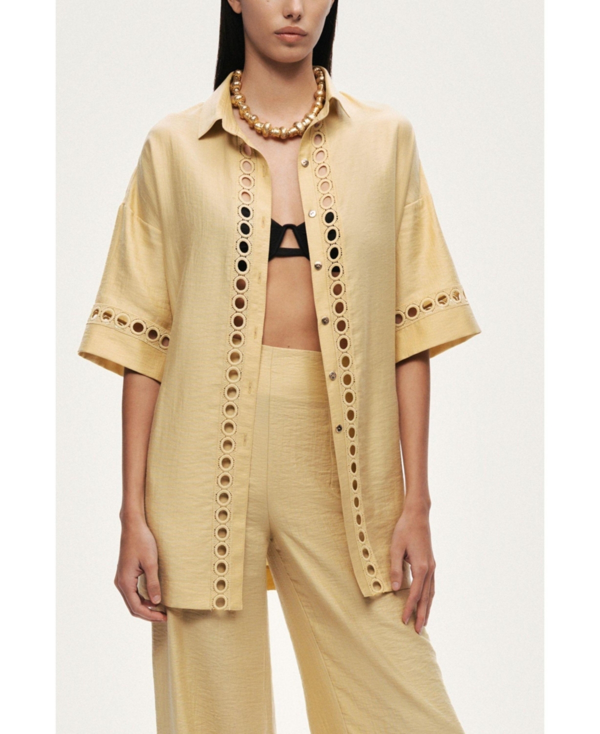 Nocturne Women's Belted Eyelet Detail Short-Sleeve Jacket - Yellow