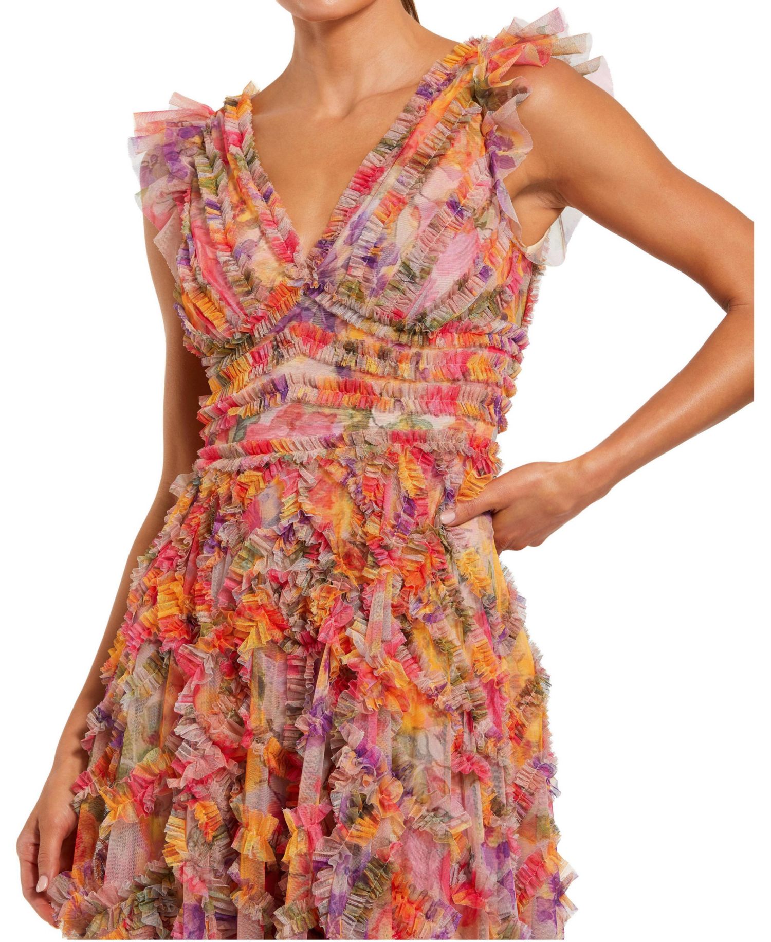Petite Multicolor Floral V-Neck Ruffle Maxi Dress