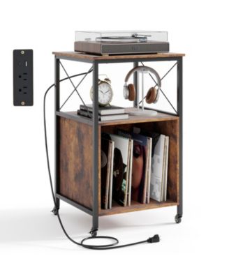 Mobile Record Player Stand with Power Outlet with Open Shelf and Dividers
