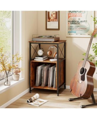 Mobile Record Player Stand with Power Outlet with Open Shelf and Dividers