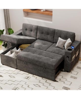 Sofa Bed, 84 in Sleeper Sofa with Pull Out Bed, Comfy Couches for Living Room with 2 Charging Ports, L Shaped Couch with 2 Storage Armrest