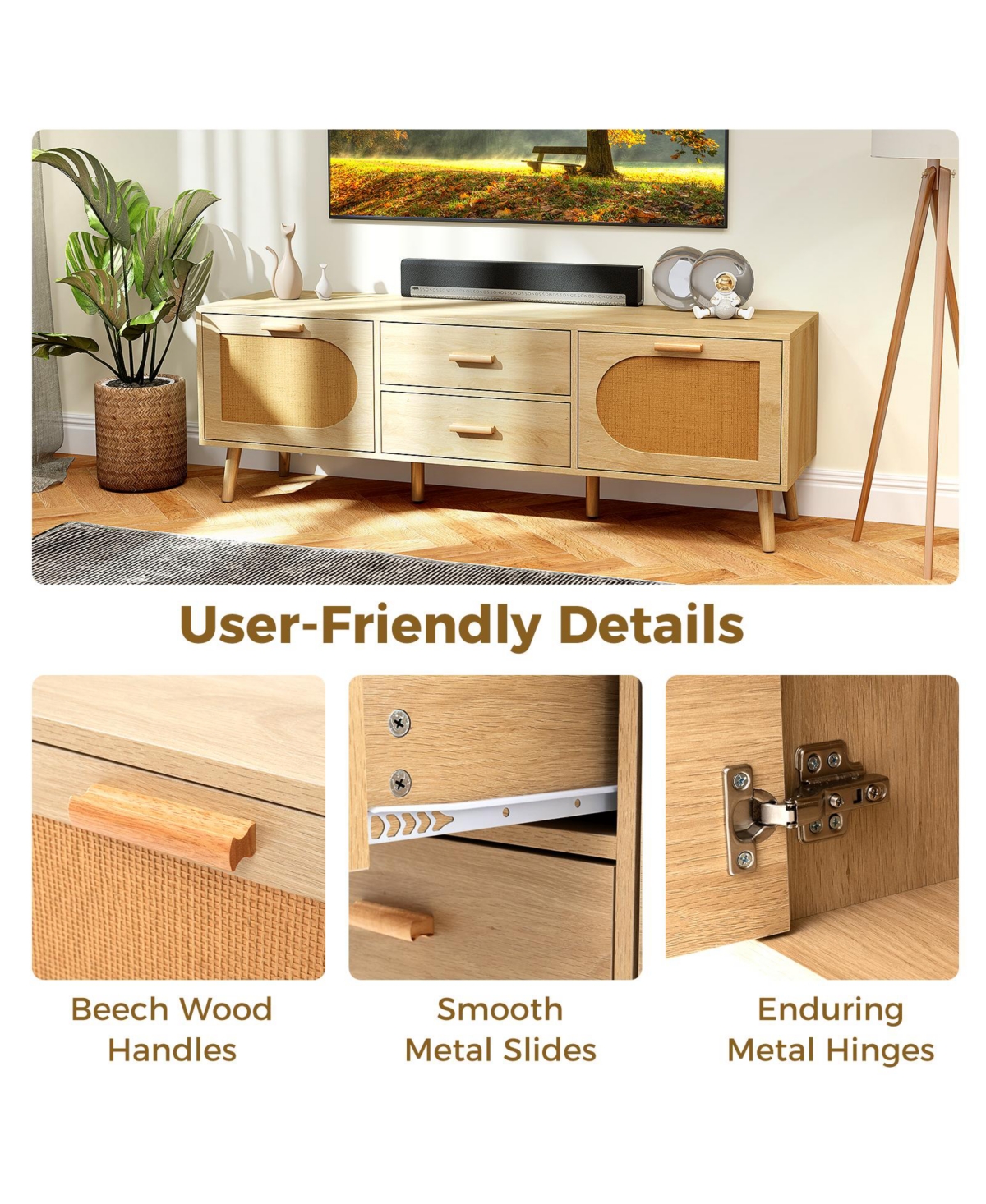 Sugift Rattan Tv Stand for 65-Inch Tv with Drawers and Solid Wood Legs