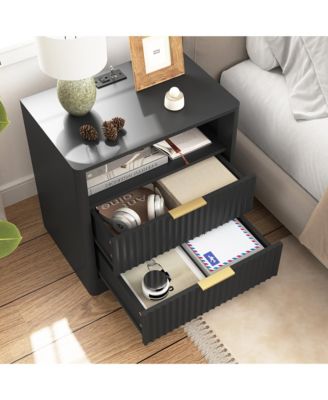 Functional Bedside Cabinet - 2 Drawers, Open Storage Shelf, Integrated Charging Station and Ambient Night Light for Home Decor