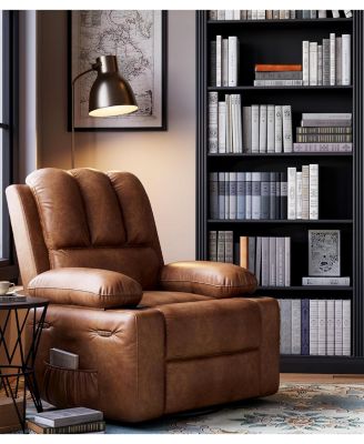 22" Rocker Recliner Chair, Lazy Boy Recliner Chair with 1.5X Sponge Filling, PU Leather Swivel Recliner with Side Pockets and Cup Holders