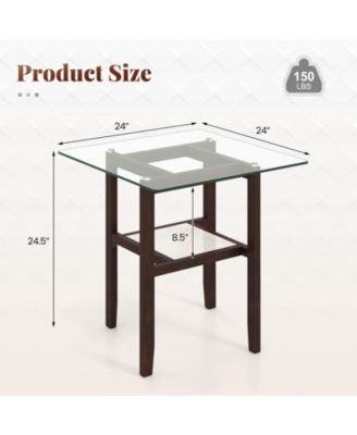 24 Inch 2-Tier Square Glass Coffee Table Center Table with Storage Shelf