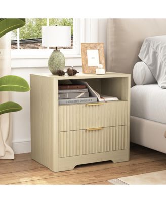 Nightstand with Charging Stations and Night Light, 2-Drawer Bedside Table with Open Storage Shelf for Bedroom, Living Room