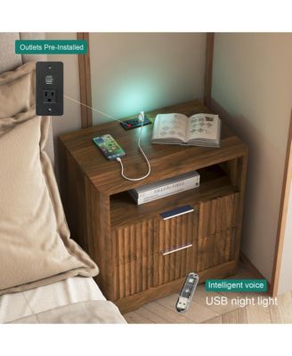 2-Drawer Bedside Nightstand with Built-in Charging Station, LED Night Light and Open Storage Shelf for Bedroom and Living Room