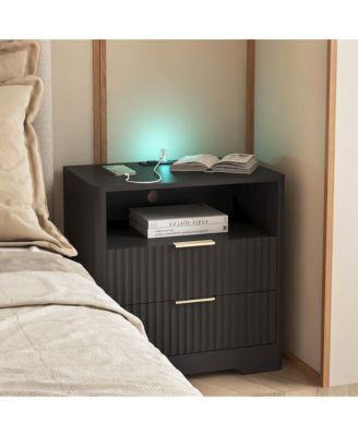 Functional Bedside Cabinet - 2 Drawers, Open Storage Shelf, Integrated Charging Station and Ambient Night Light for Home Decor