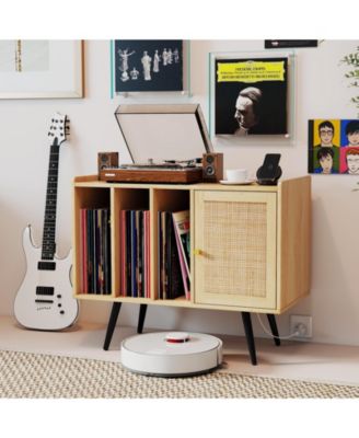 Record Player Stand with Charging Station and Rattan Cabinet for Living Room