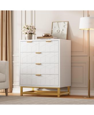 Modern 5 Drawer Wide Dresser Chest, Gold Metal Legs & Handles, Wood Storage Organizer for Bedroom Living Room